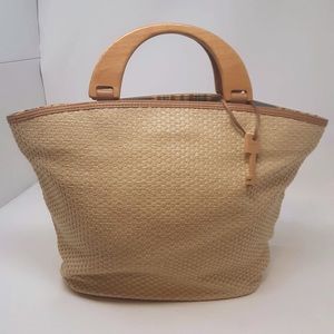 Fossil Straw Bag with Wooden Handle Purse